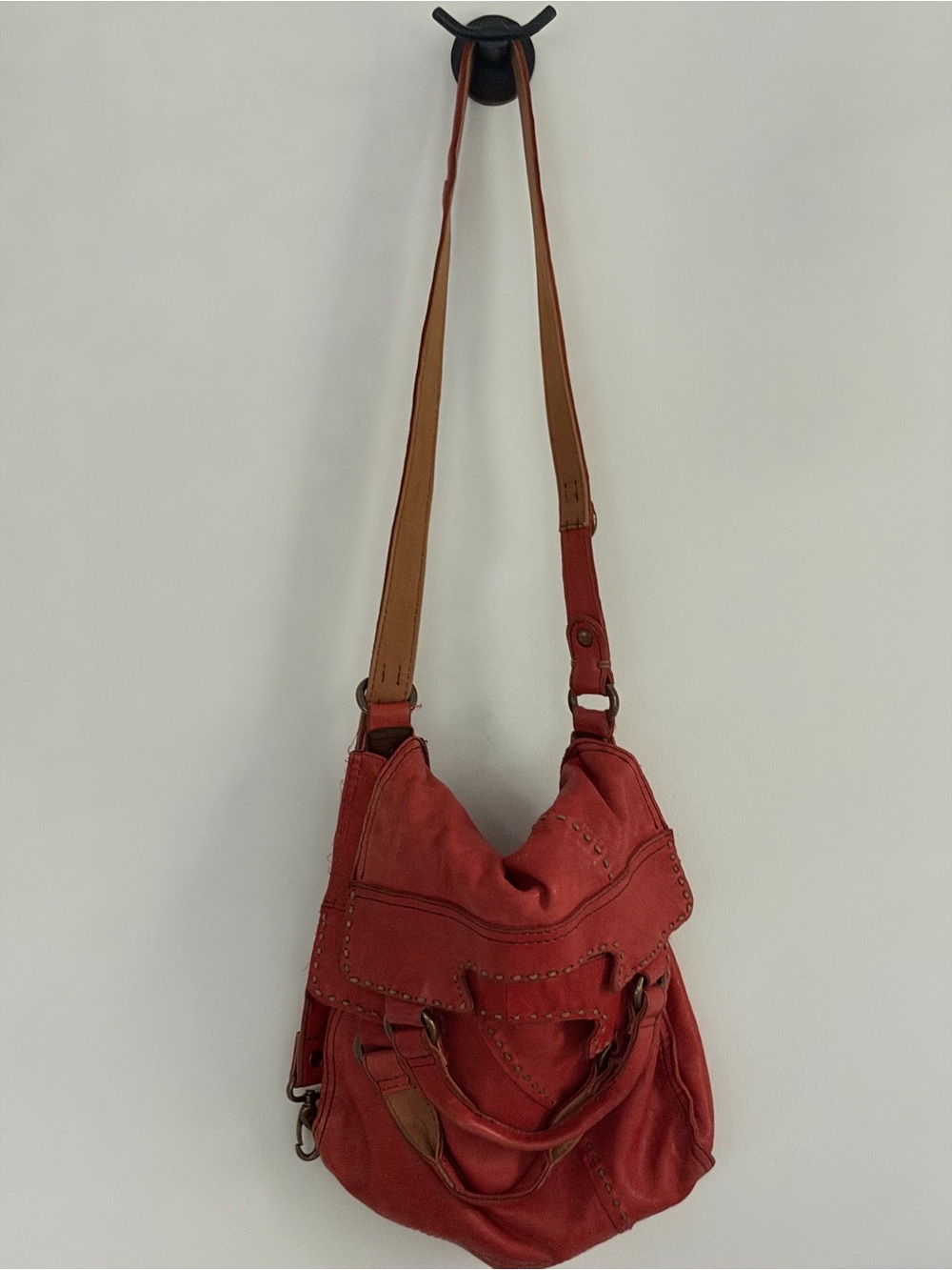 Lucky Brand Italian Leather Foldover Crossbody Bag Studded Red Orange Messenger